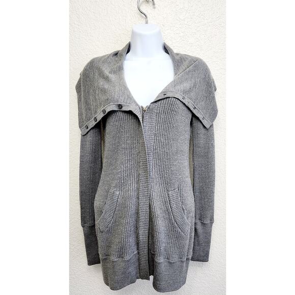 Loft Lounge Gray Ribbed Full Zip W/Button Up Collar Cardigan Small Wool - Picture 1 of 6